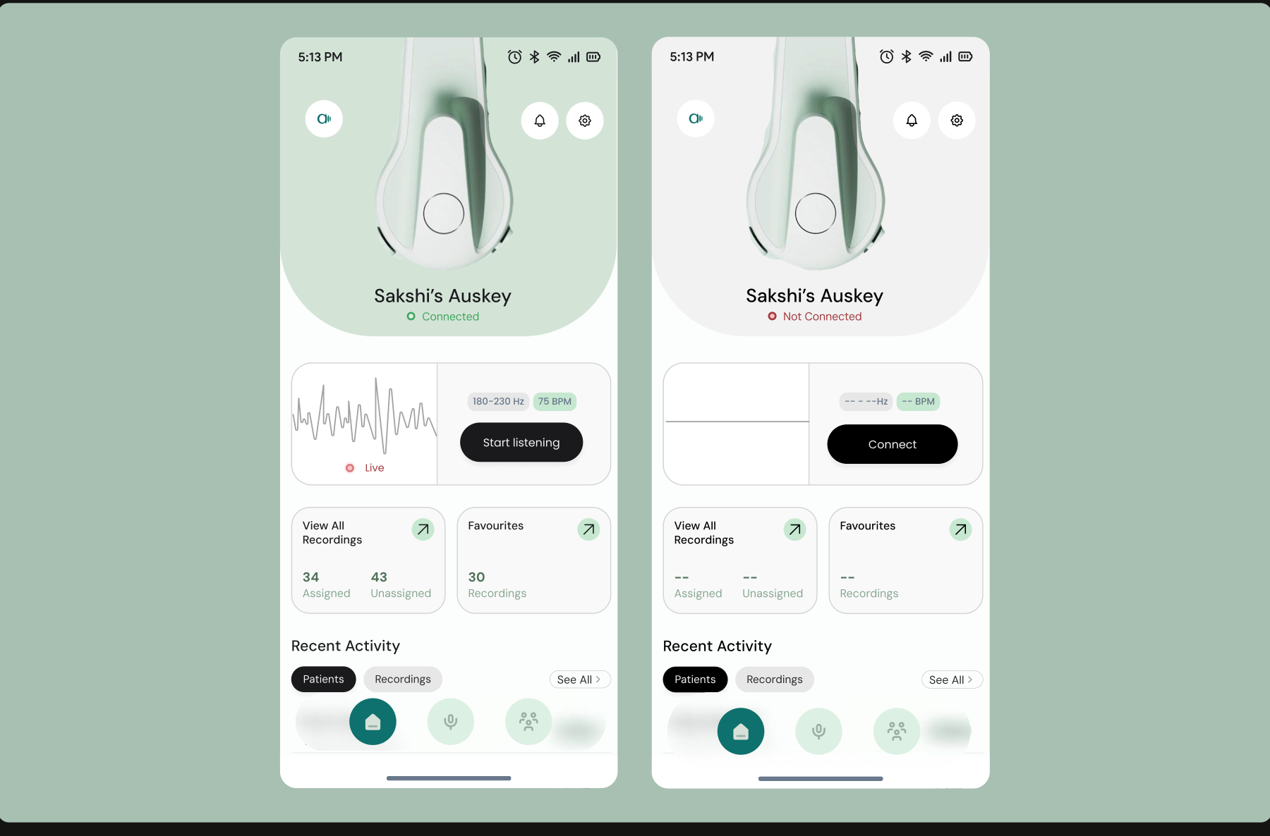 Home screen, connected and not-connected states