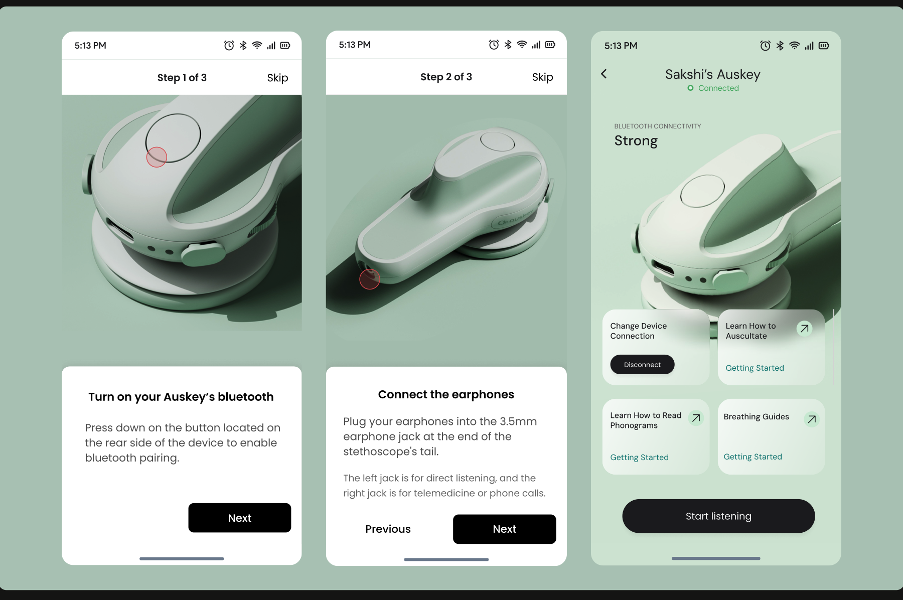 Onboarding: Bluetooth pairing, connect earphones, connected state