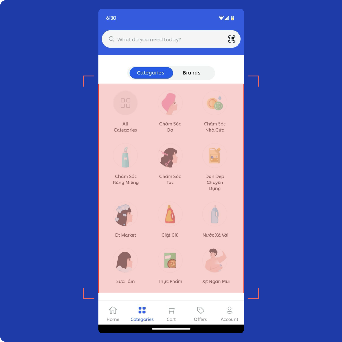 Categories screen - generic icon grid